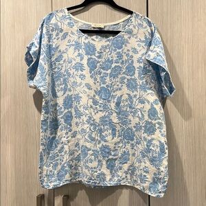 Bella Umbra 100% Linen Floral Top – White & Light Blue | Size M